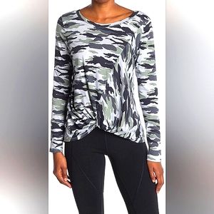 NEW Z by Zella Twisted Front Long Sleeve T-Shirt in Green Urban Camo Print